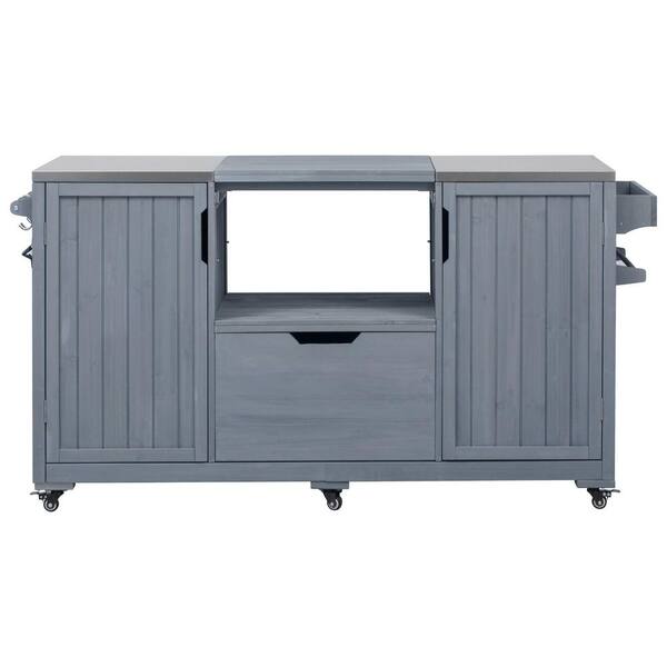 66.5" Gray Solid Wood Outdoor Bar, Kitchen Island with Stainless Steel Top, Drawer, Spice Rack, Modular Paper