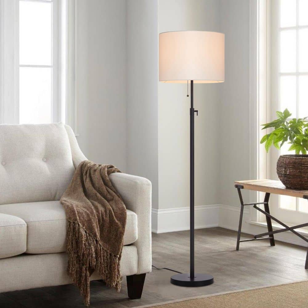 Adjustable Black Metal Floor Lamp with Beige Drum Shade