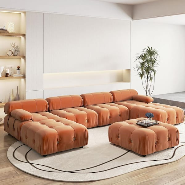 Chameleon 138 in. Square Arm 7-piece Modern Velvet Modular Combination Sectional Sofa Couch with 3 Ottomans in Orange
