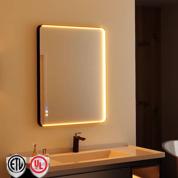 36 in. W x 28 in. H Rectangular LED Aluminum Framed Modern Black Rounded Wall Mirror with Front Light
