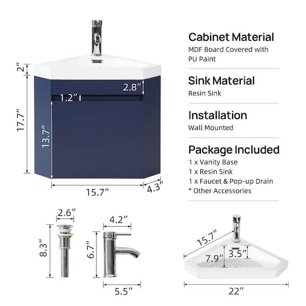 22 in. W x 8 in. D Blue Corner Wall Mount Bathroom Vanity Sink Set Single Bathroom Vanity with White Resin Vanity Top