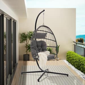 Outdoor Foldable Wicker Egg Chair with Stand, Swing Lounge Chair Hanging Chair for Bedroom, Balcony, Pool, with Cushions