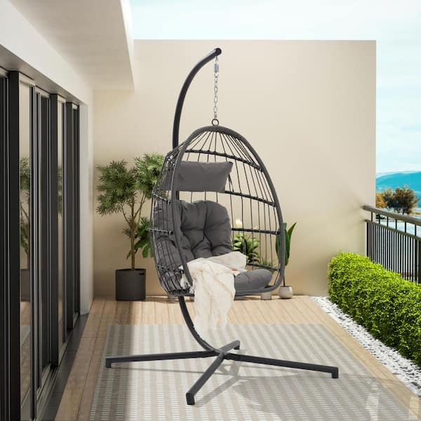 COOLSHARK Outdoor Foldable Wicker Egg Chair with Stand Swing Lounge Chair Hanging Chair for Bedroom Balcony Pool with Cushions SEC 0021 The Home Depot