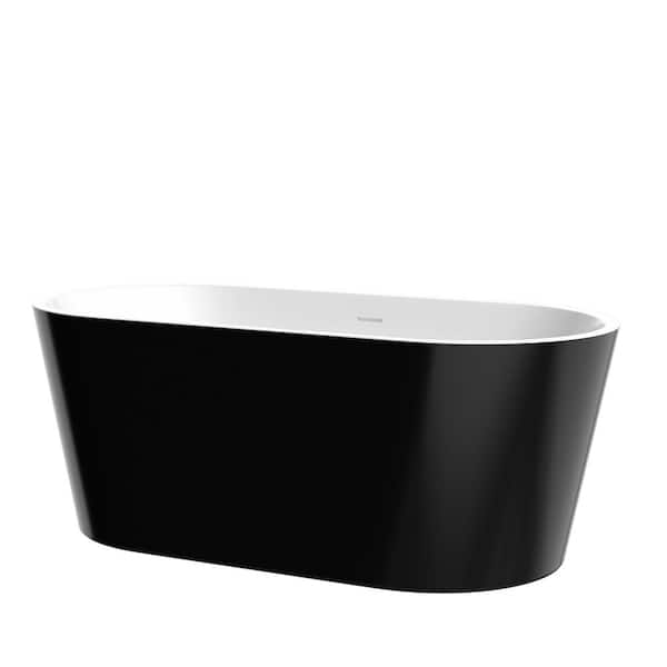 NTQ 59 in. x 29.5 in. Acrylic Free Standing Deep Soaking Tub Freestanding Soaker Bathtub with Chrome Drain in Glossy Black