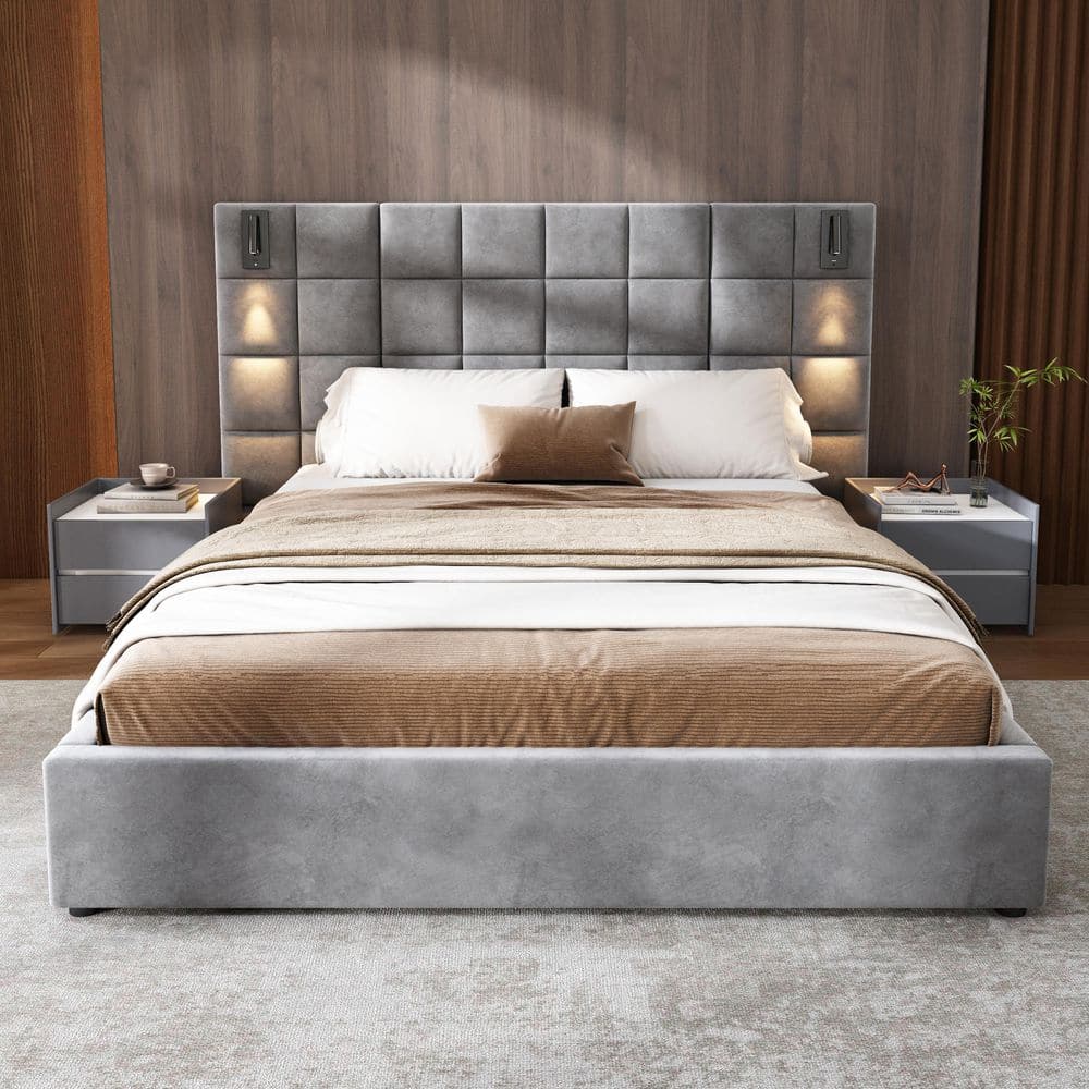 Gray Wood Frame King Velvet Upholstered Platform Bed with Large Luxuriously Padded Headboard, Reading Lamp, USB Port - thumbnail 7