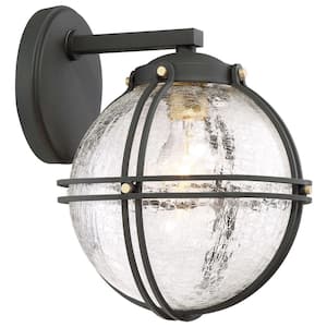 Rond 1-Light Black with Honey Gold Highlights Outdoor Wall Lantern Sconce with Clear Crackle Glass