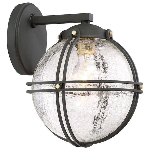 the great outdoors by Minka Lavery Rond 1-Light Black with Honey Gold Highlights Outdoor Wall Lantern Sconce with Clear Crackle Glass