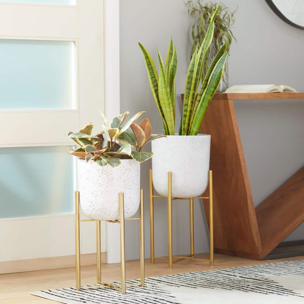 White Speckled Metal Planters with Gold Stands, Set of 2