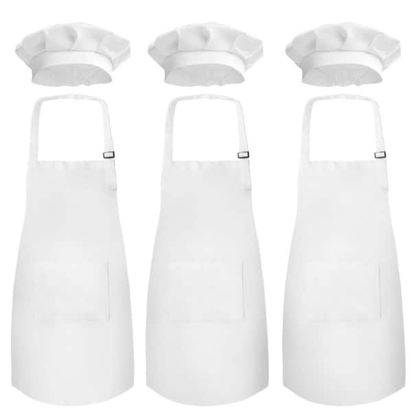 18 in. x 23.5 in. Kid's Apron with Chef Hat Set (3 Set) - Skin-Friendly Children's Bib with Pocket - (White)