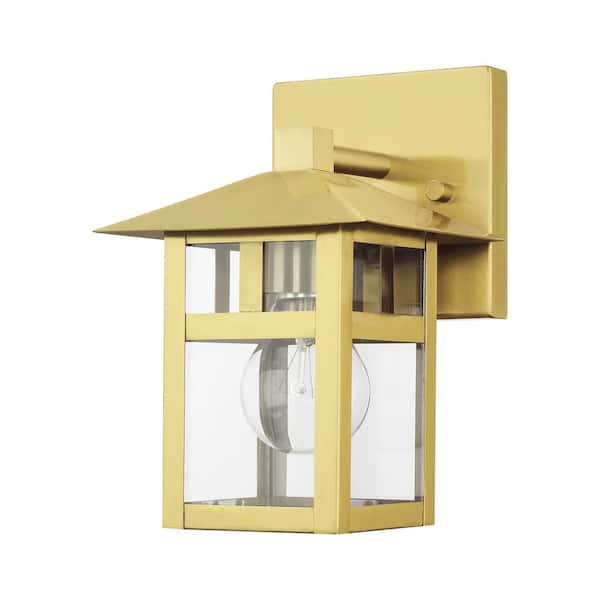 Crestlake 8.5 in. 1-Light Satin Gold Outdoor Hardwired Wall Lantern Sconce with No Bulbs Included
