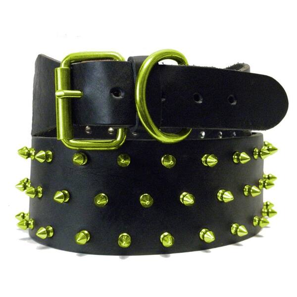 Platinum Pets 31 in. Black Genuine Leather Dog Collar in Lime Spikes