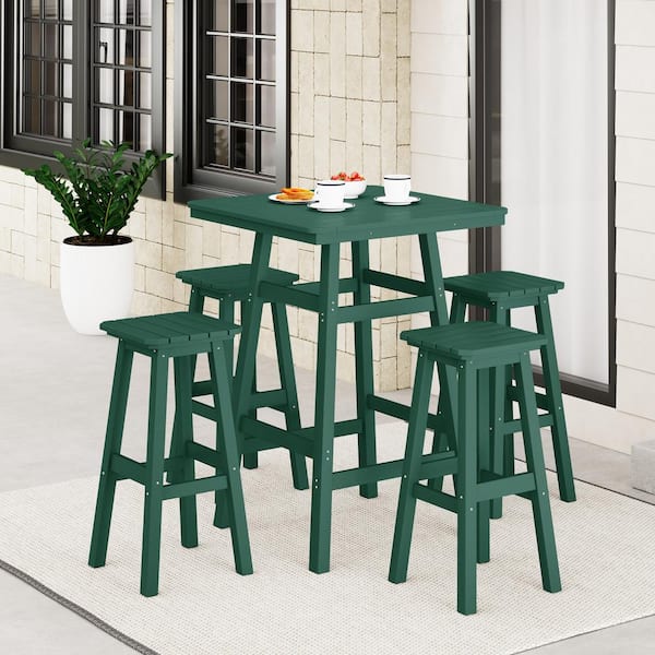 Laguna 5-Piece Fade Resistant HDPE Plastic Outdoor Patio Square Bar Height Pub Set, Matching Barstools in Dark Green
