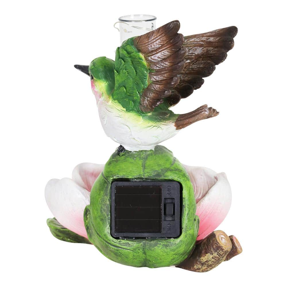 Solar Pink Flower and Hummingbird Garden Rain Gauge with LED Lights
