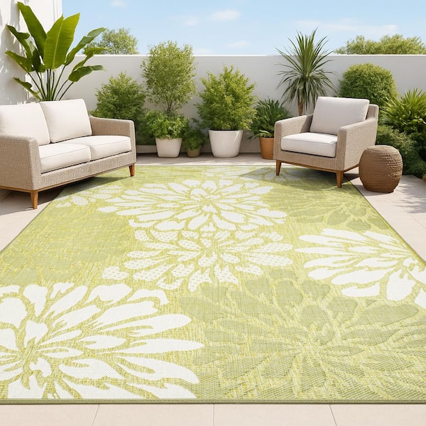 Green/Cream 9 ft. x 12 ft. Zinnia Modern Floral Textured Weave Indoor/Outdoor Area Rug