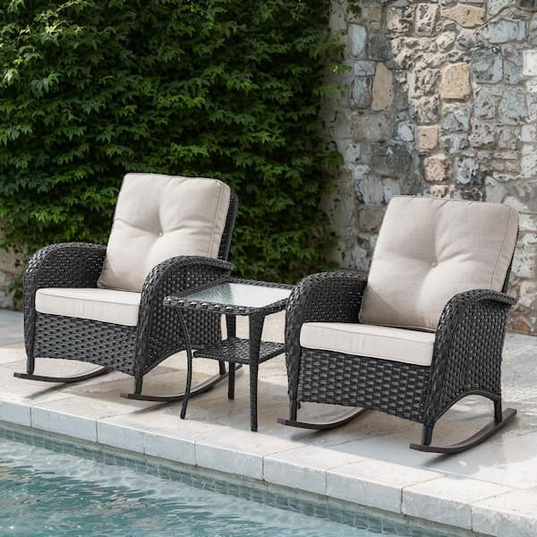 PlainCurve 3-Piece Black Wicker Outdoor Rocking Chairs Patio Conversation Set with Olefin Beige Cushions