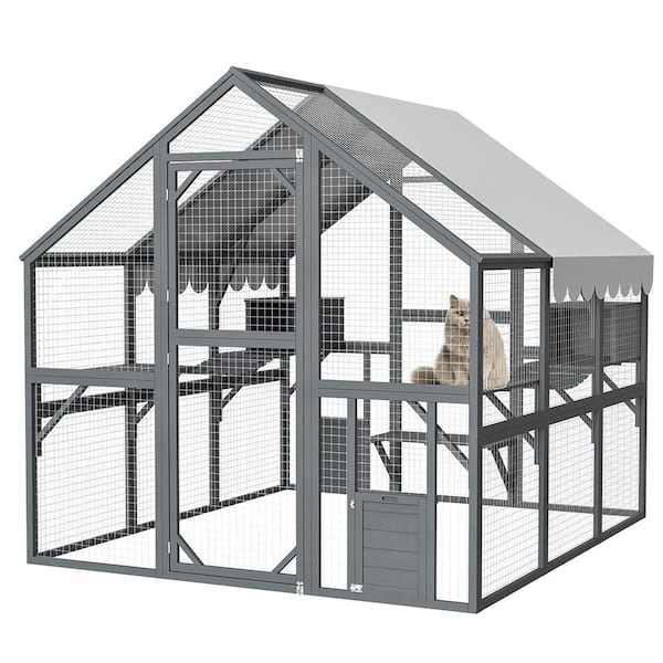 Outdoor Cat House, Large Catio Enclosure, Kitty Mansion Run with Strolling Paths and Protective Roof Cover
