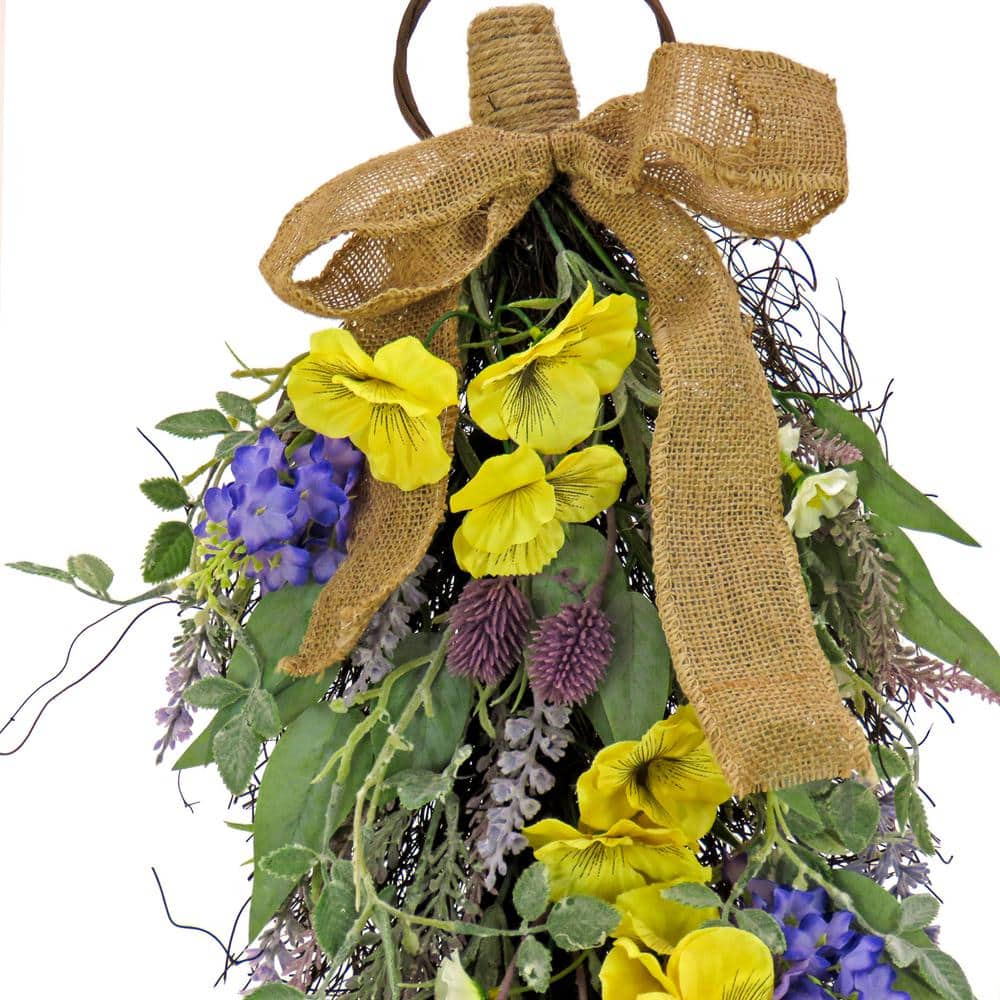 26" Yellow and Purple Artificial Floral Swag with Burlap Ribbon