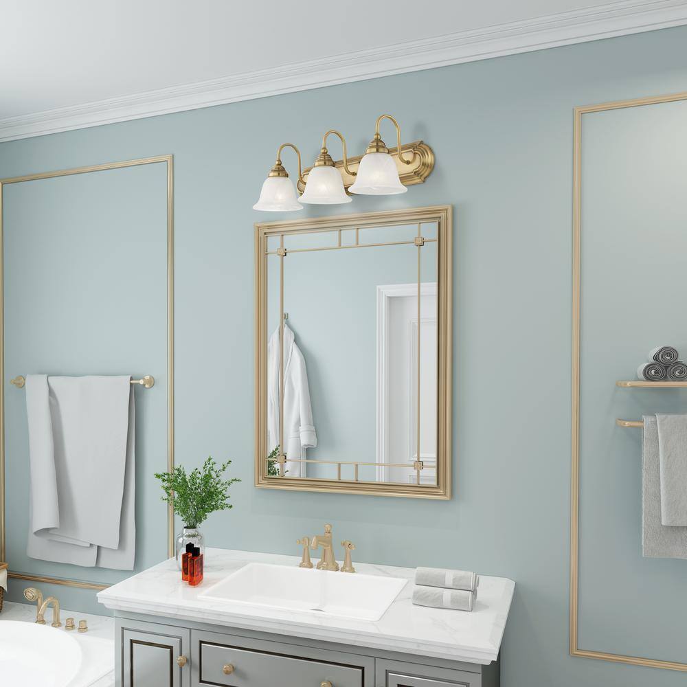 Belmont Antique Brass 3-Light Vanity with White Alabaster Glass