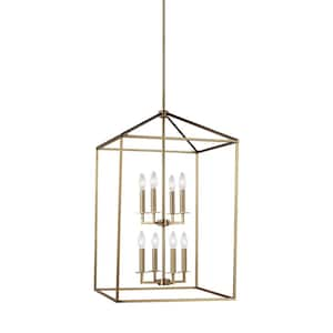 Perryton Large 19 in. 8-Light Satin Brass Modern Transitional Candlestick Pendant with Dimmable LED Light Bulbs