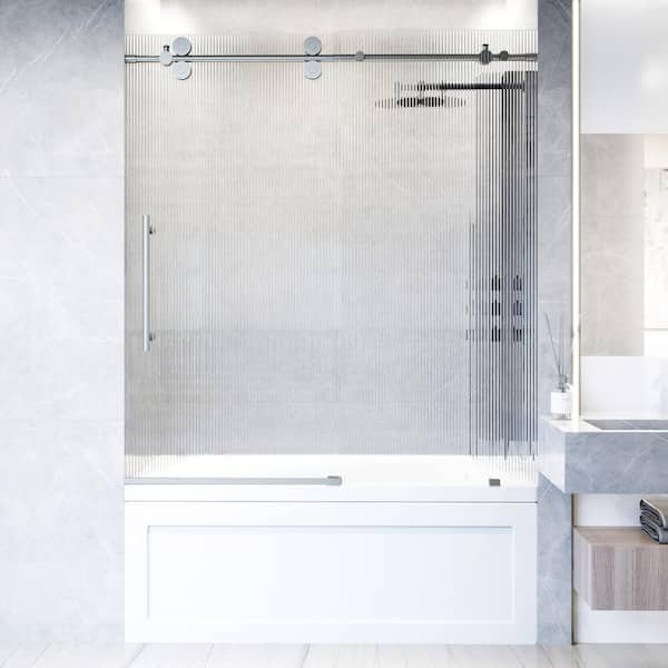 VIGO Elan 56 to 60 in. W x 66 in. H Sliding Frameless Tub Door in Stainless Steel with 3/8 in. (10mm) Fluted Glass