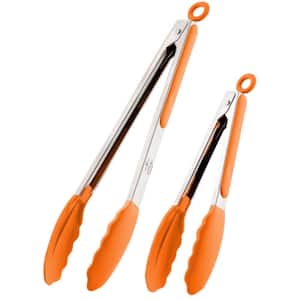 9 in. and 12 in. Tongs for Cooking With Silicone Tips - Silver - Orange (2-Pack)