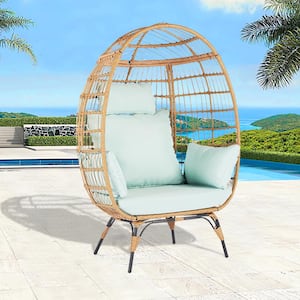 Patio Oversized Wicker Outdoor Lounge Chair Egg Chair with Blue Cushions