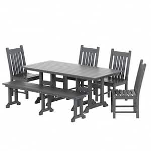 Hayes 6-Piece All Weather HDPE Plastic Rectangle Table Outdoor Patio Dining Set with Bench in Gray