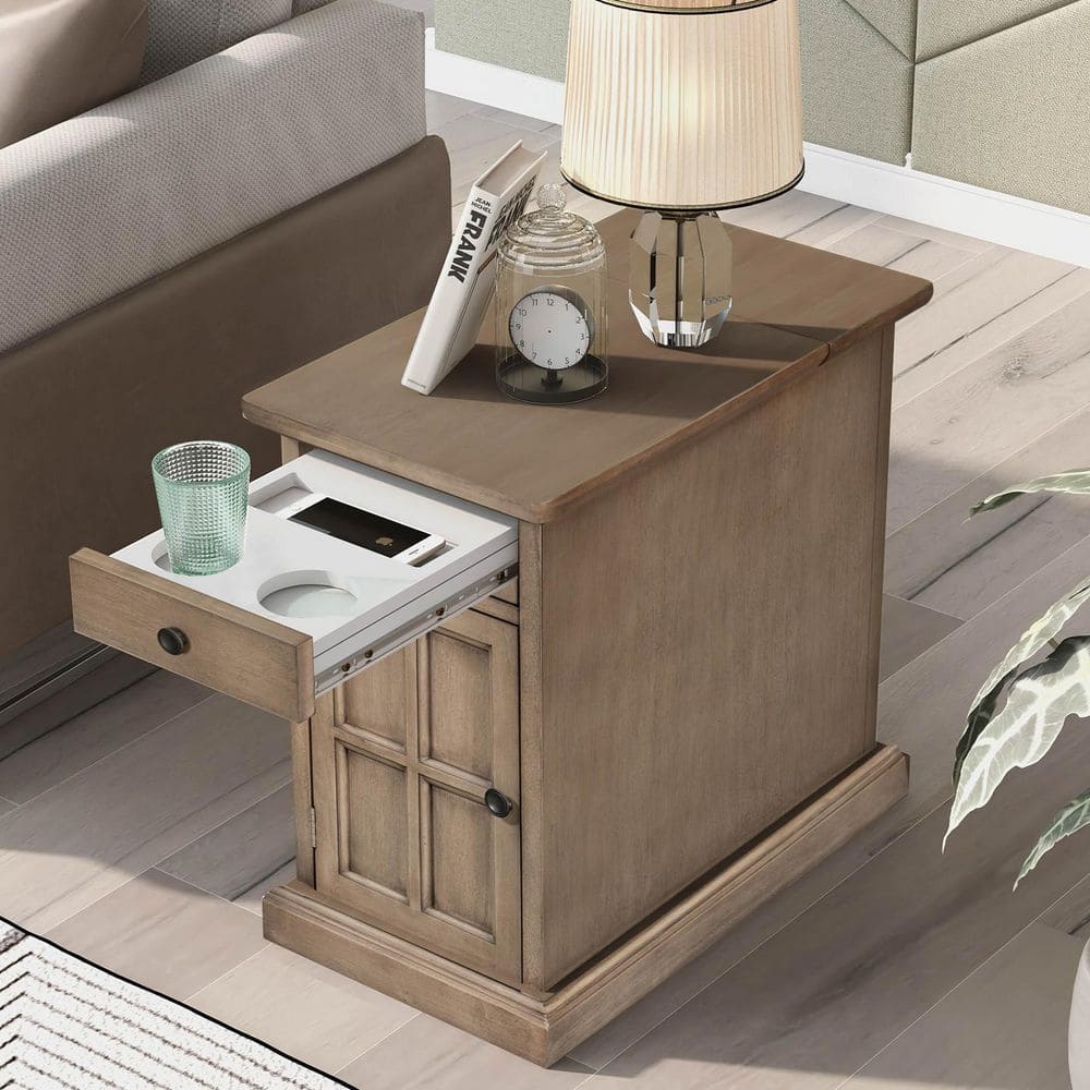 14 in. W Antique Brown Classic Vintage End Table with USB Ports and Drawer with Cup Holders Solid Wood price history on PriceWatchPro