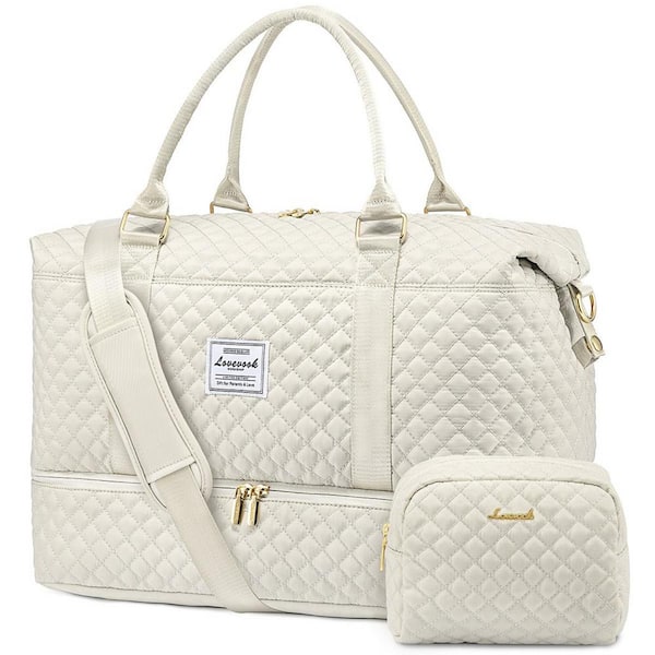 Numhew 13.58 in. Beige Travel Duffle Bag with Toiletry Bag, Weekender Bags with Shoe Compartment and Wet Pocket