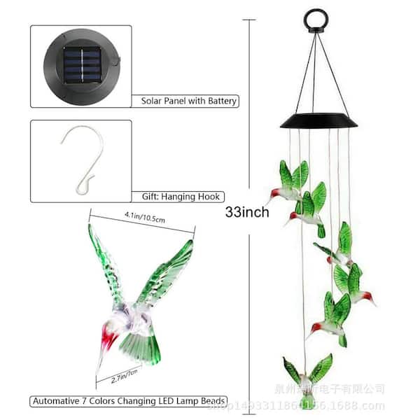 Willco 1-Piece Outdoor Solar Hummingbird Wind Chime Automatic Light Changing Color For Home Garden Decoration