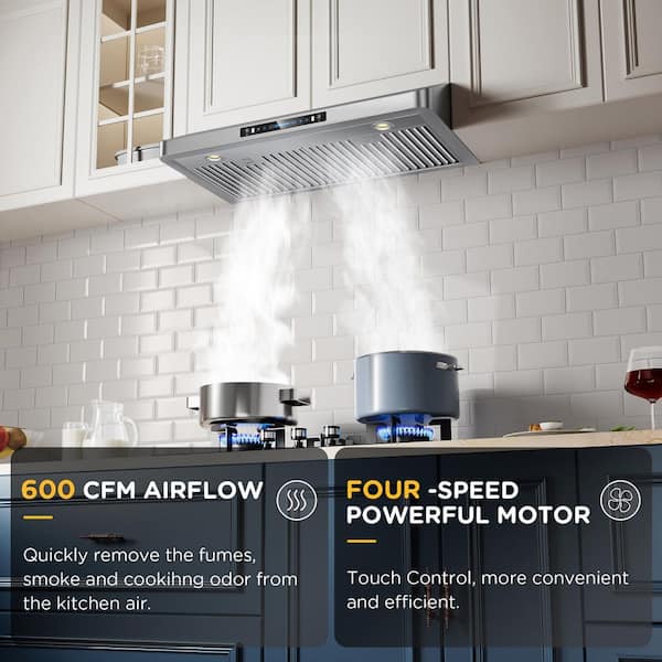 30 in. 600 CFM Ducted Under Cabinet Range Hood with 3-Way Venting, LED Lights and Washable Filters in Stainless Steel