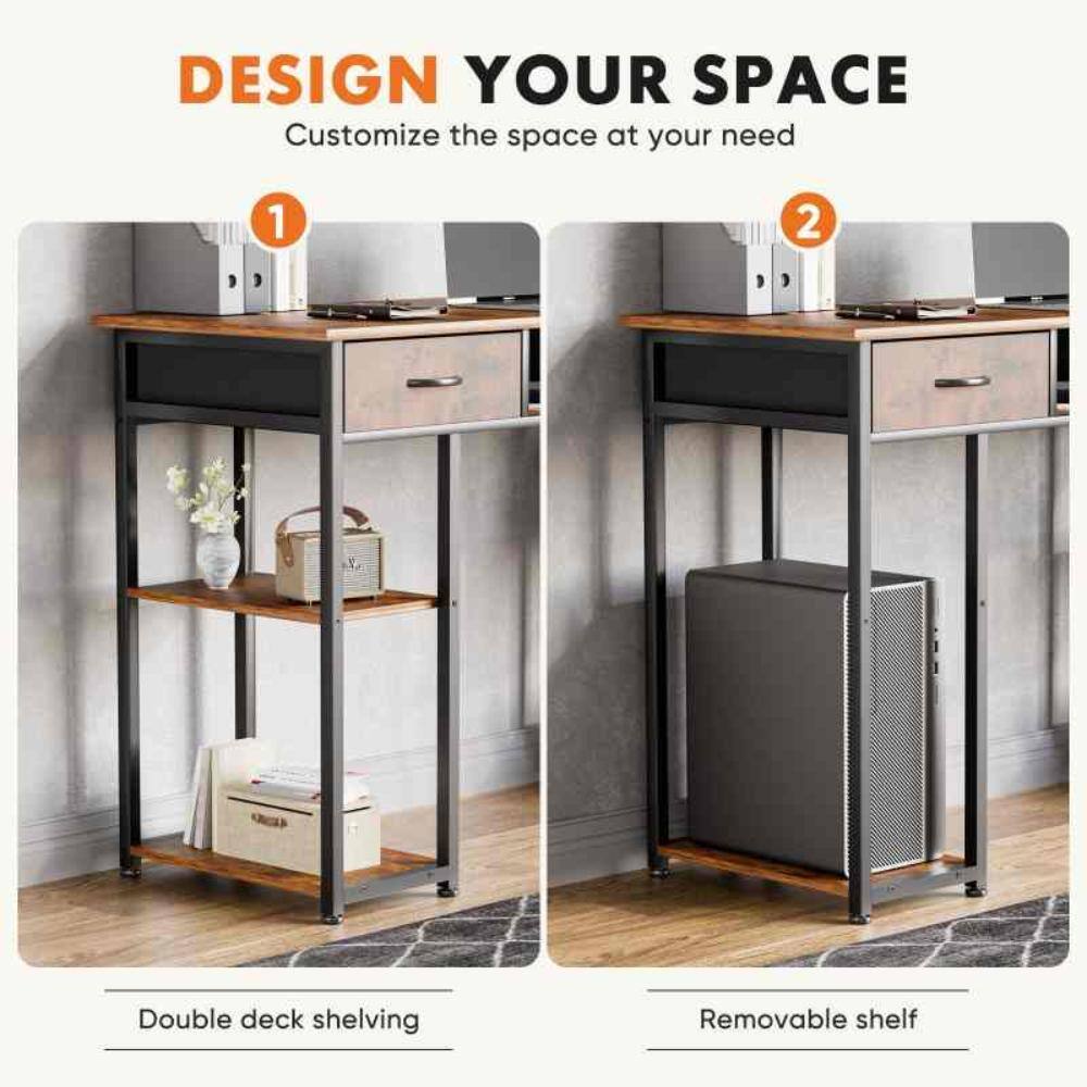 Two side-by-side views of a desk showing double deck shelving and a removable shelf option.