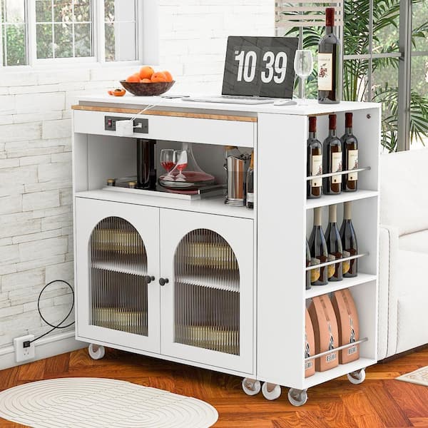Polibi White Wood 33.22 in. Rolling Kitchen Island With Extended Table, LED Lights, Power Outlets and 2 Fluted Glass Doors