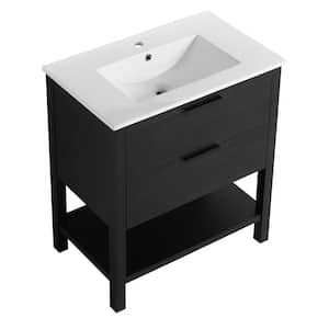 30 in. W Modern Elegant Freestanding Bathroom Vanity in Black with 2-Drawers, Ceramic Sink and 1 Shelf