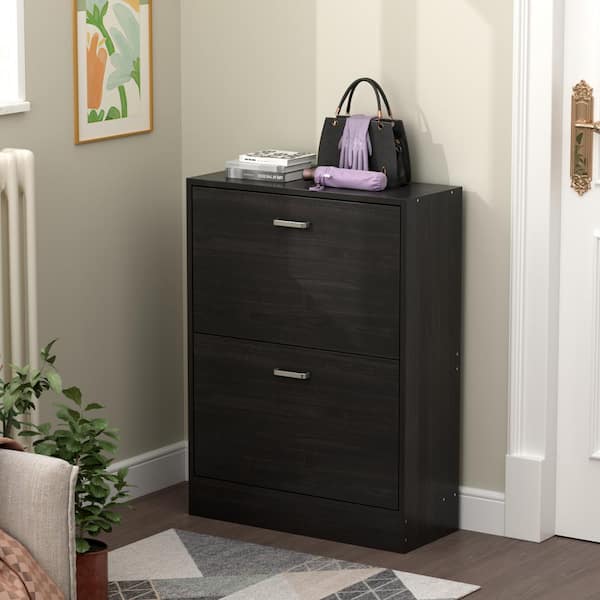 23.6 in. W x 31.4 in. H Black Wood 2-Drawer Shoe Storage Cabinet with Foldable Compartments Entryway Hallway (12-Pair)