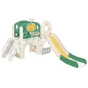 Green and Yellow Freestanding Castle Climbing Crawling Playset with Slide and Basketball Hoop