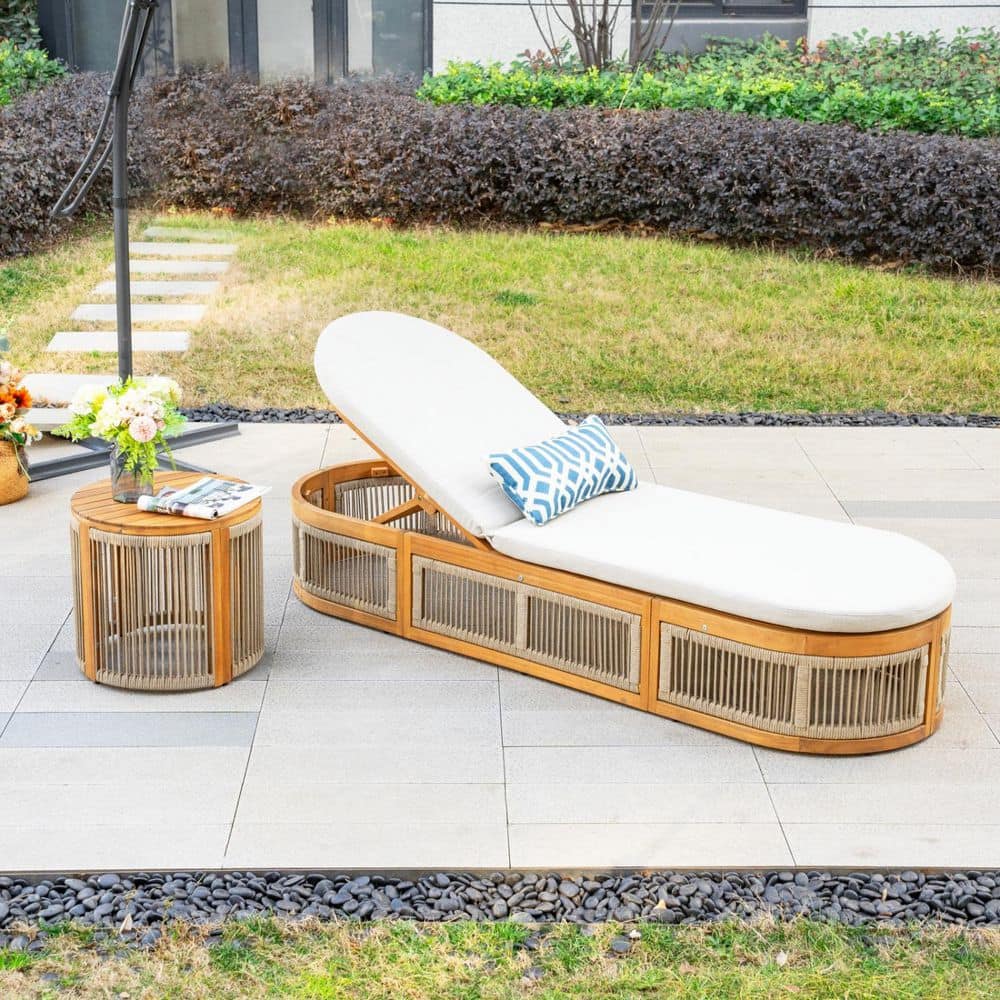 Town Natural 2-Piece Acacia Wood Outdoor Chaise Lounge Set with Beige Cushions and Side Table price history on PriceWatchPro