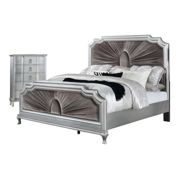 Furniture of America Lorenna 2-Piece Silver and Warm Gray Wood Frame Queen Bedroom Set, Bed and Chest