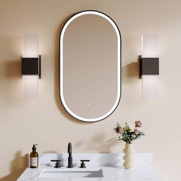 ANGELES HOME 20 in. W x 36 in. H Oval Framed Wall LED Bathroom Vanity Mirror in Matte Black