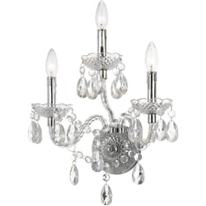 Hannah 3-Light Wall Sconce for Hardwire or Plug-In Installation, Chrome Finish and Faux Crystals, Clear