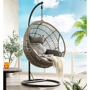 Brown Wicker Round Outdoor Egg Chair Patio Swing with Gray Cushions