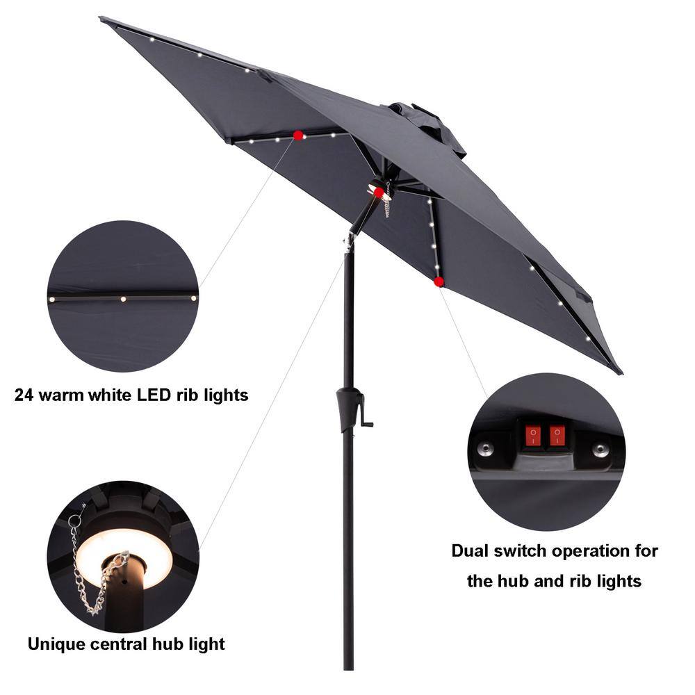 7.5 ft Anthracite Steel Market Patio Umbrella with LED Lights