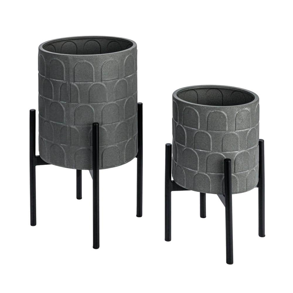 Storied Home Gray Metal Round Floor Planter on Stand (2-Pack)