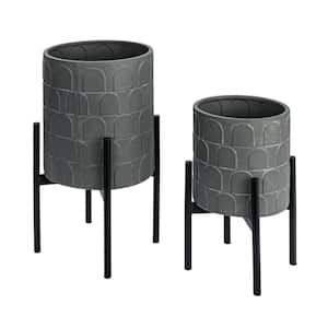 Gray Metal Round Floor Planter on Stand (2-Pack)