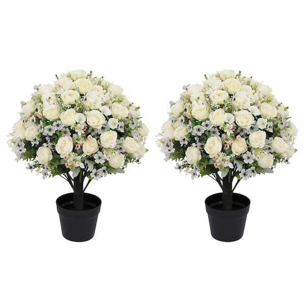 24 in. Yellow Artificial Peony Flower Ball Topiary with Pot, Faux Outdoor Plant for Front Door, Porch Decor, Set of 2