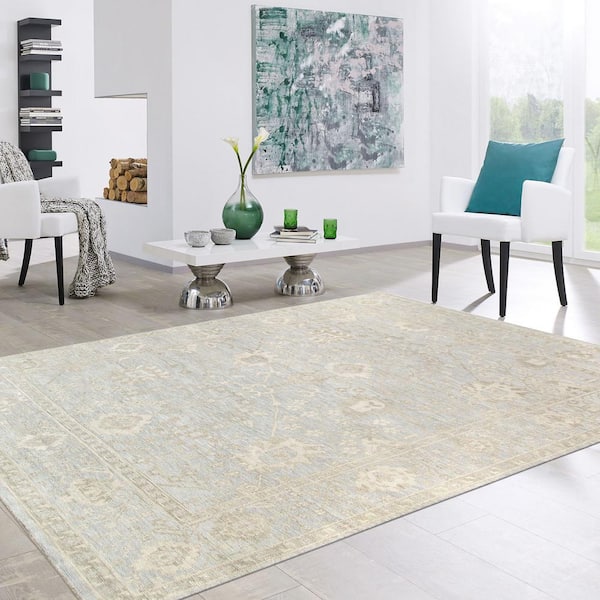 Oushak L. Blue 8 ft. x 10 ft. Floral Wool Area Rug