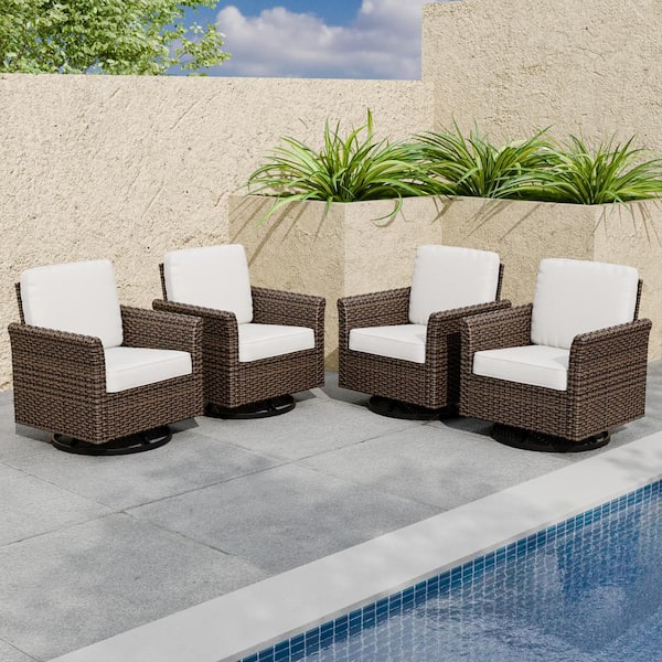 EAGLE PEAK 2-Color Brown Wicker Outdoor Rocking Chair Patio Swivel Chair with Beige Cushions, Wide Armrest (4-Pack)