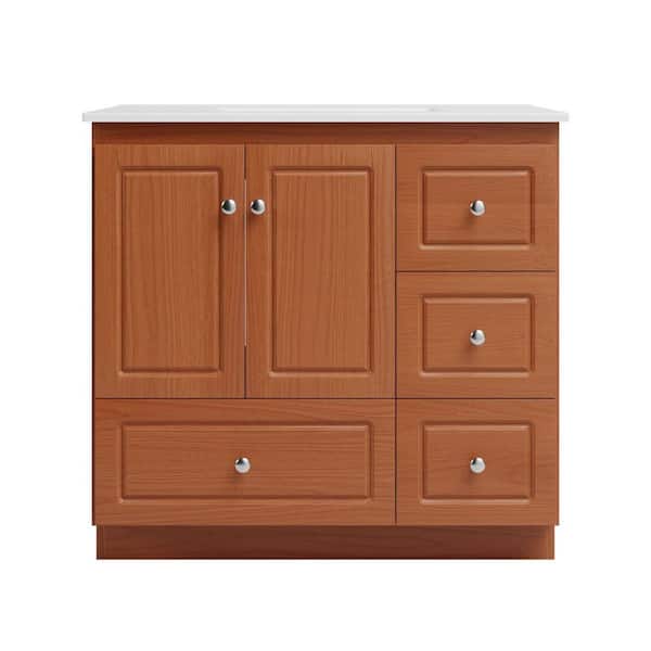 Ultraline 37 in. W x 22 in. D x 35 in. H Vanity with Right Drawers in Medium Alder with Ceramic Vanity Top in White