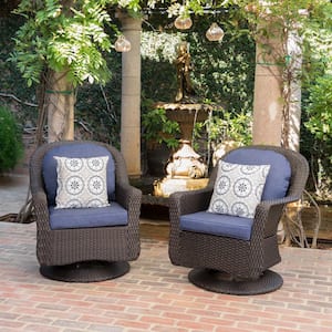 Dark Brown 2-Piece Wicker Outdoor Lounge Chair Patio Swivel Club Chairs with Water Resistant Blue Cushions