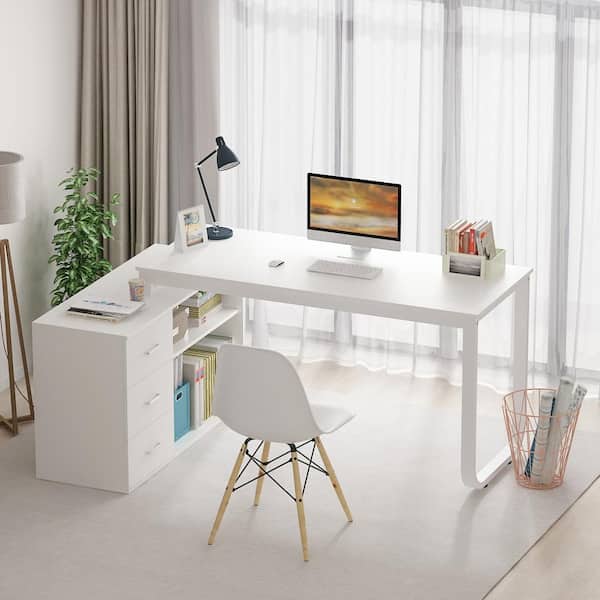 FUFU&GAGA 55.1 in. L-Shaped White Wood Computer Desk Writing FUFU&GAGA 55.1 in. L-Shaped White Wood Computer Desk Writing